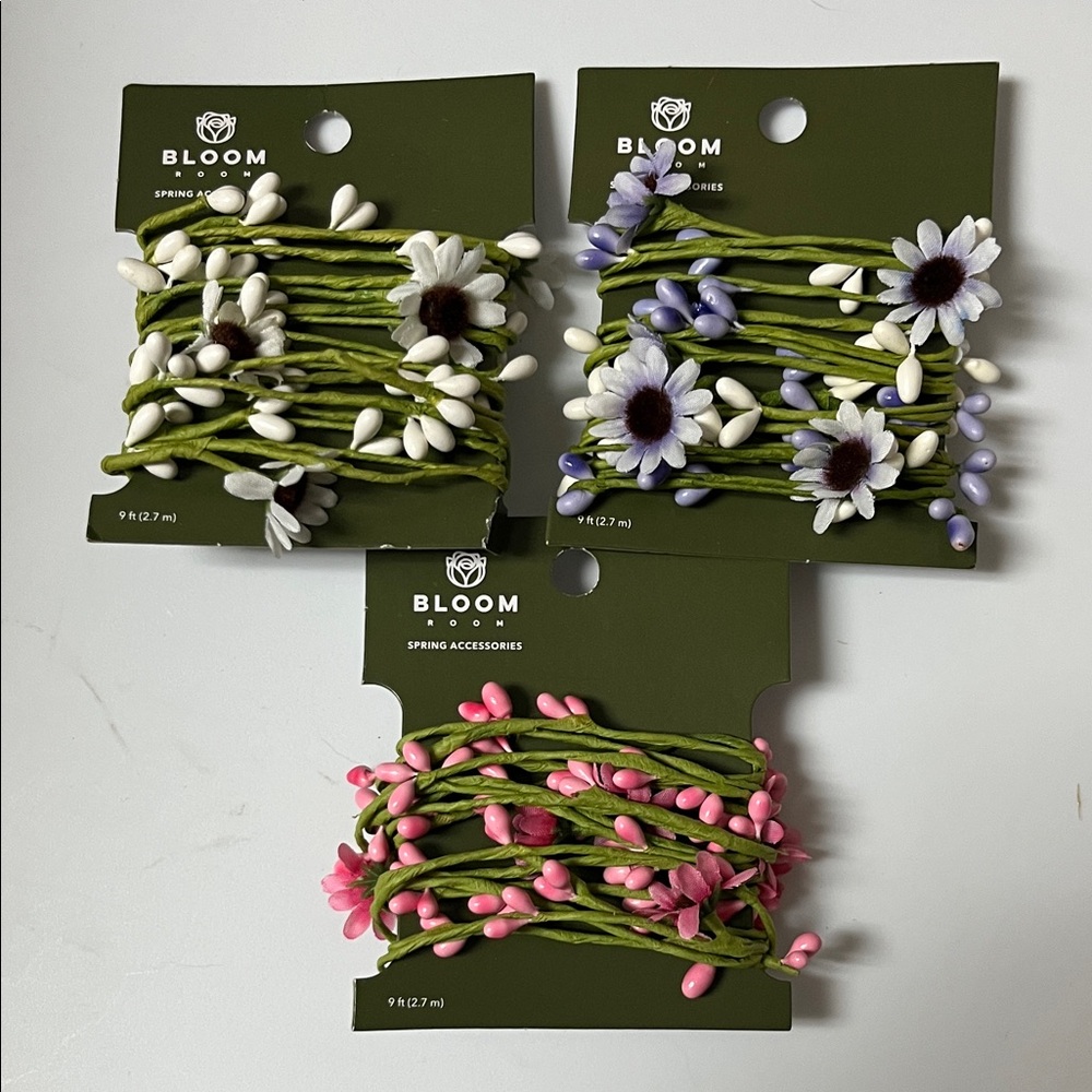 Floral rope new in package, 3 packs of 9ft each: white, lavender, pink